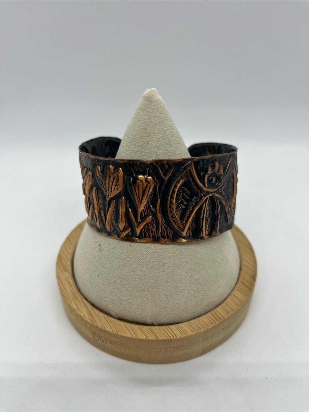 Handcrafted Copper Cuff Bracelet With Embossed Flowers And Abstract Pattern Boho